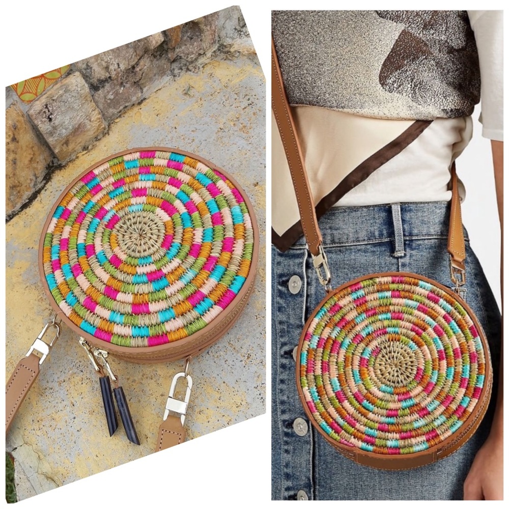 NWT. KHOKHO Sindi Circle Bag With Strap. Smoke & Multi Color Weave & Leather.